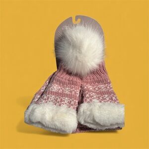 Cozy Pink and White Adult or Teens  Beanie and Half Mitten